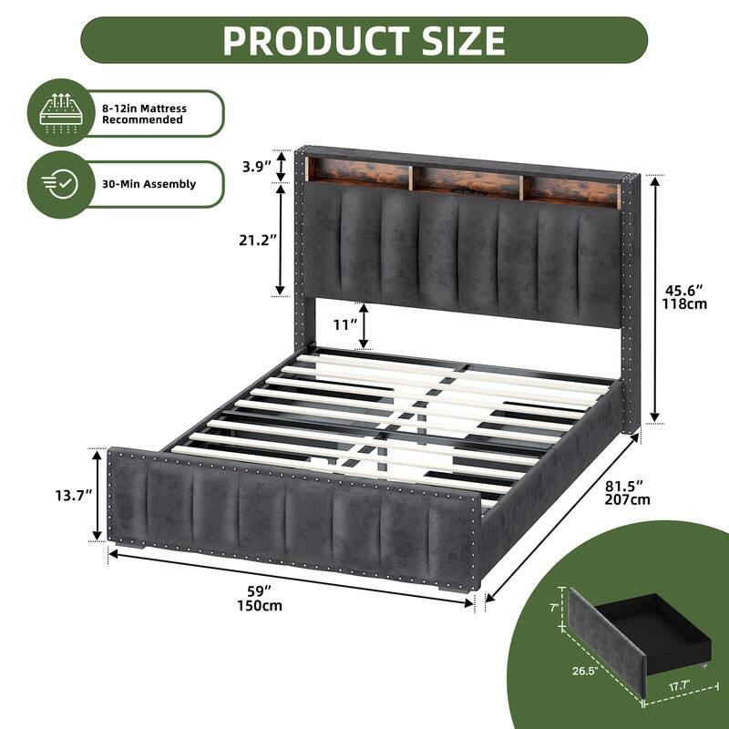 Full / Queen / King Size Platform Bed Frame with Upholstered Storage Headboard and 4 Drawers - Grey - Full