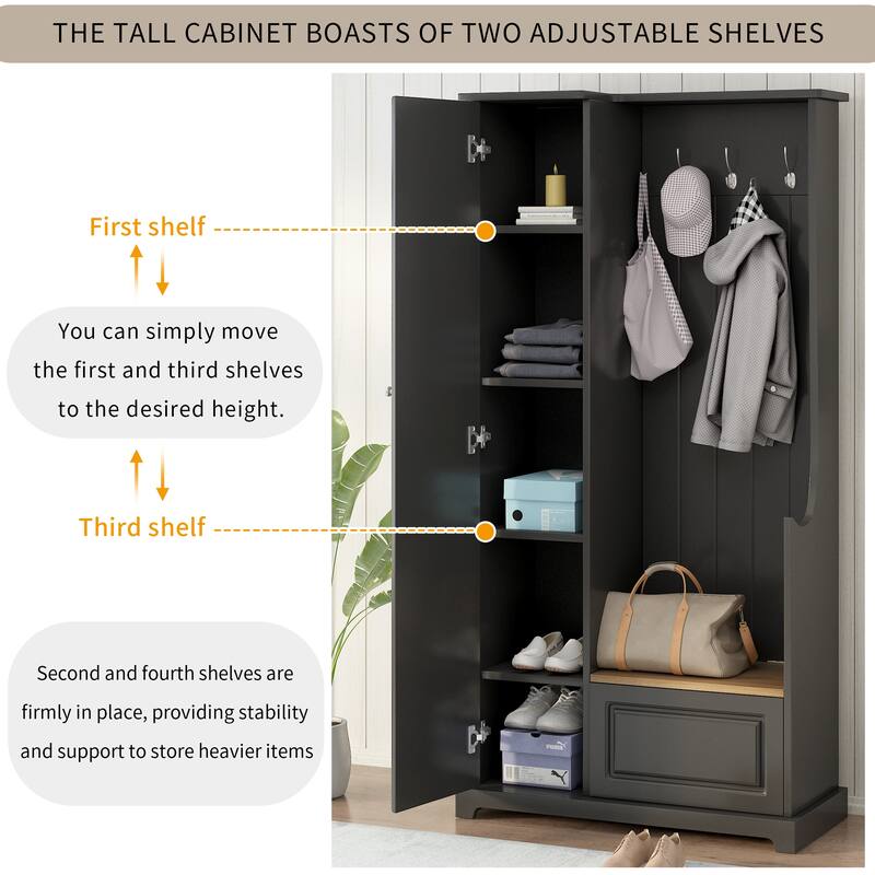 Hall Tree with Flip-Up Storage Bench, Entryway Cabinet with Adjustable Shelves, Coat Hooks, Wood Shoe Cabinet for Hallway