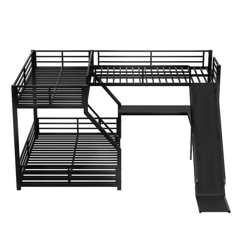 L-shaped Triple Bunk Bed for Esports & Works with Floor Bunk Bed and Loft Bed, Metal Bedframe with Slide and Charging Station