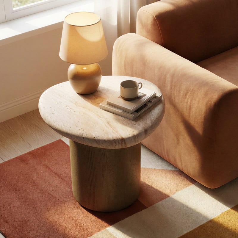 Studio London Nesting Table with Travertine Effect Concrete Top and Faux Wood