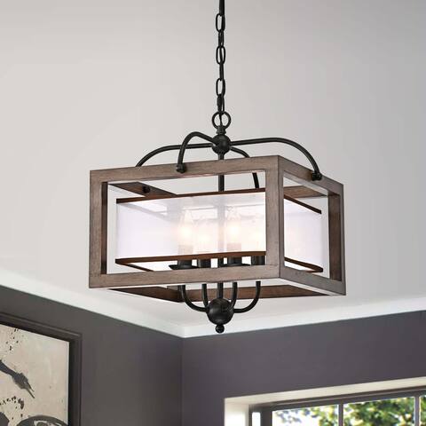 Alina Antique Black Metal Natural Wood Chandelier with Fabric Shade