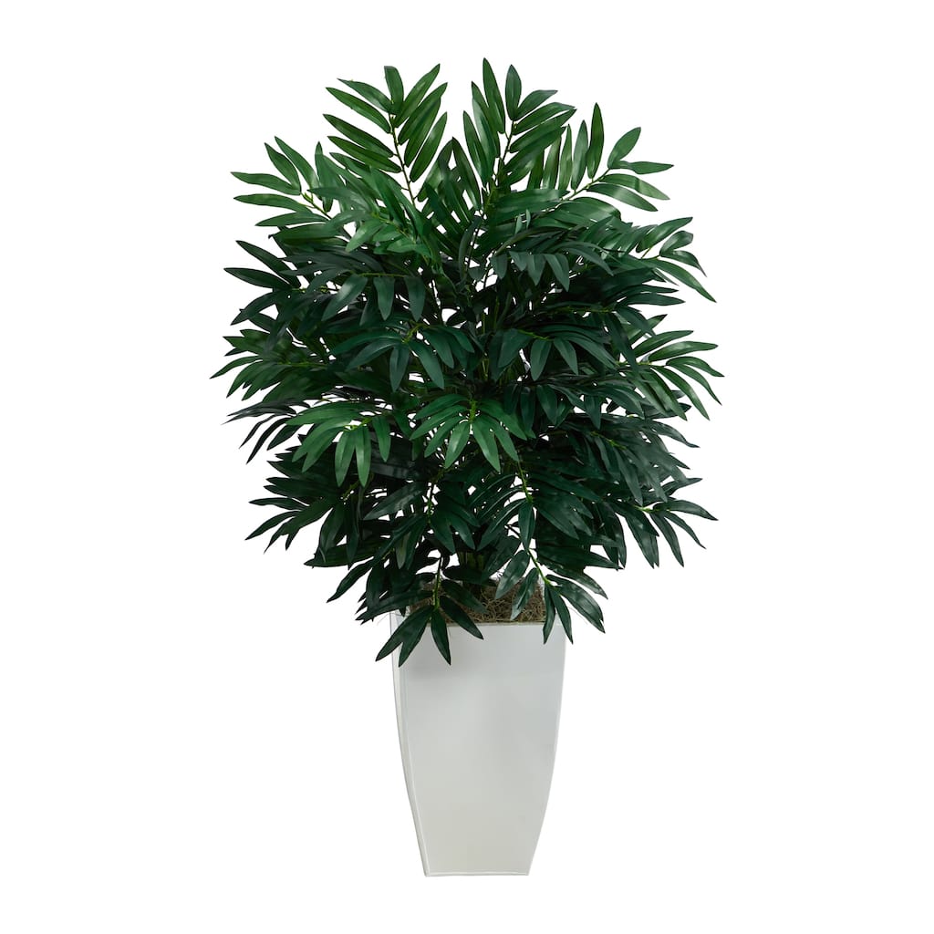 3' Bamboo Palm Artificial Plant in White Metal Planter - 13"
