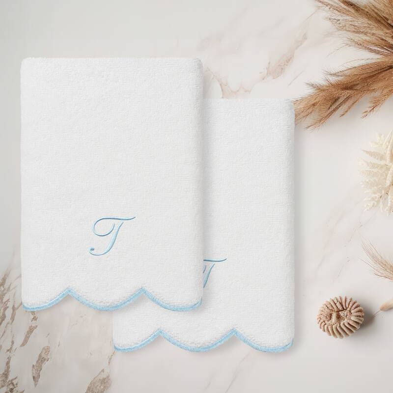 Authentic Hotel and Spa 100% Turkish Cotton Blue ADORNIA Scallop Personalized 2 Piece Hand Towel Set - 2 Hand Towels