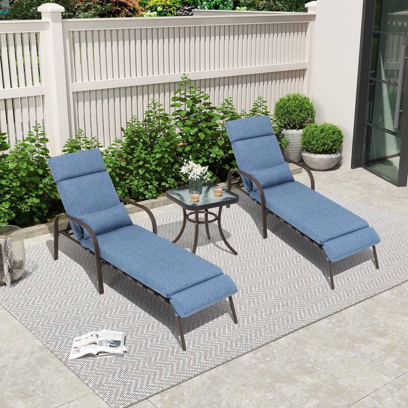 Outdoor Cushioned Chaise Lounge Chairs Adjustable Reclining Sun Lounger with Side Table