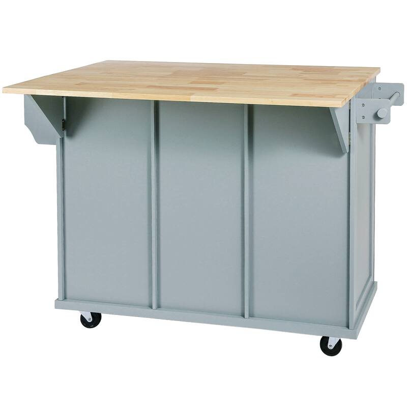 Kitchen Trolley with Rubber Wood Drop-Leaf Countertop Cabinet Doors 5 Wheels Storage Cabinet and 3 Drawers for Kitchen, White