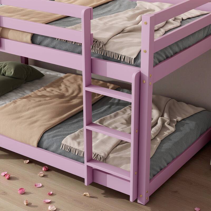 Solid Rubber Wood Twin Over Twin Floor Bunk Bed with Ladder, Low Height Design and Strengthened Slat Support