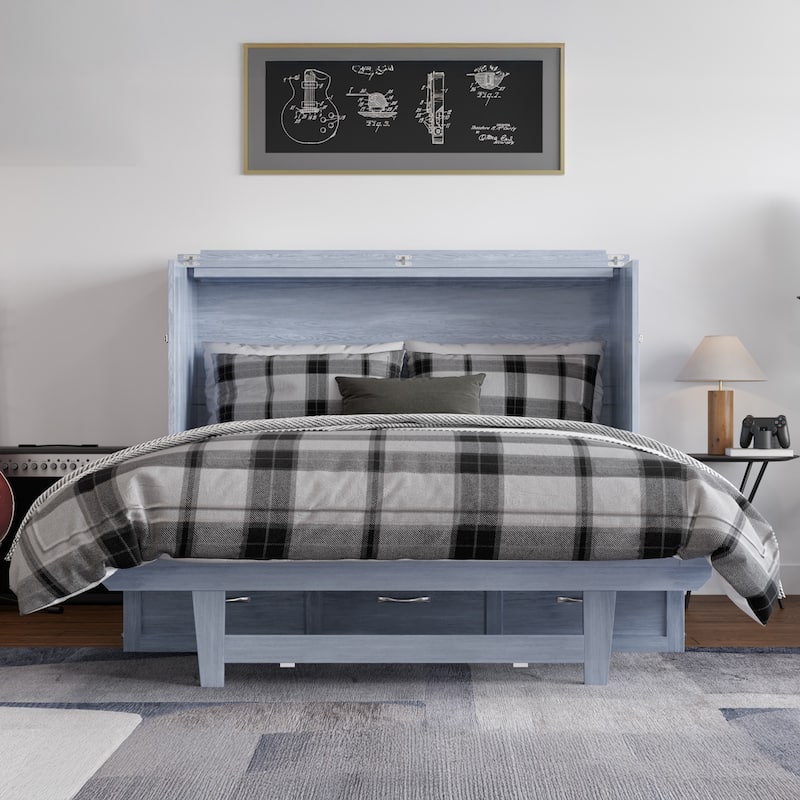 Northfield Full Murphy Bed Chest with 6" Mattress, Storage Drawer & Built-In Charger in Driftwood