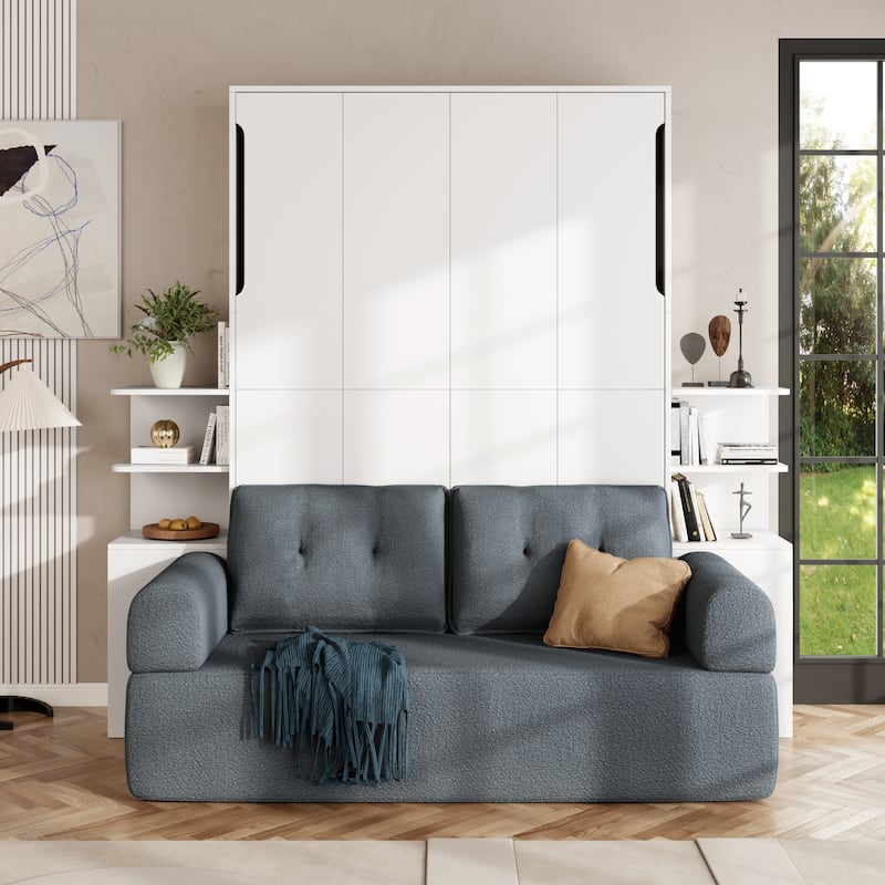 Queen Wall Murphy Bed with Sofa & Storage Cabinets, Home Office & Guest Room - Grey - Queen