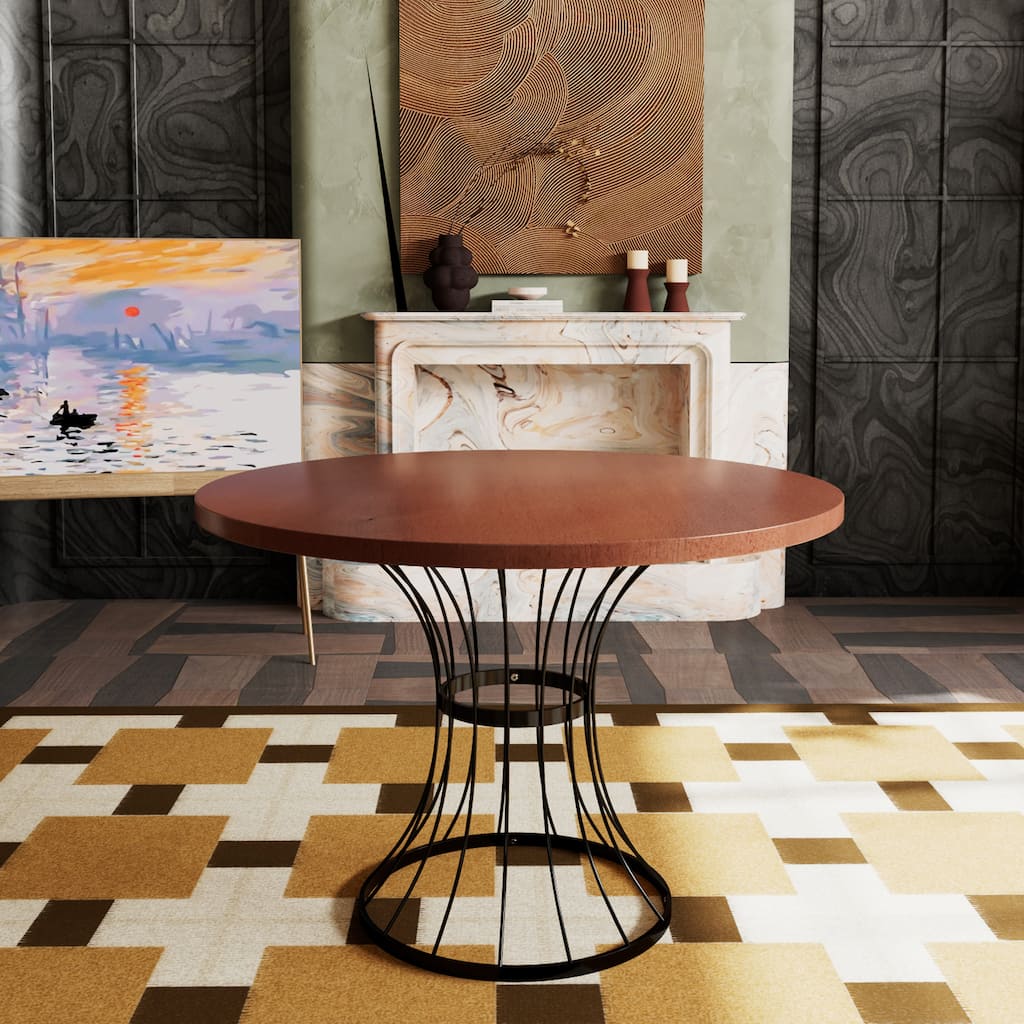 42" Round Dining Table -Solid Wood-Look Top, Heavy-Duty Wrought-Iron Pedestal Base, Compact Kitchen & Breakfast-Nook Furniture