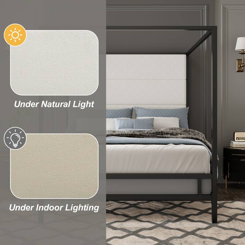 Metal Canopy Bed Frame Modern, King Platform Bed with 76.5" Tall Velvet Fabric Upholstered Headboard, Metal 4-Poster Bed Frame