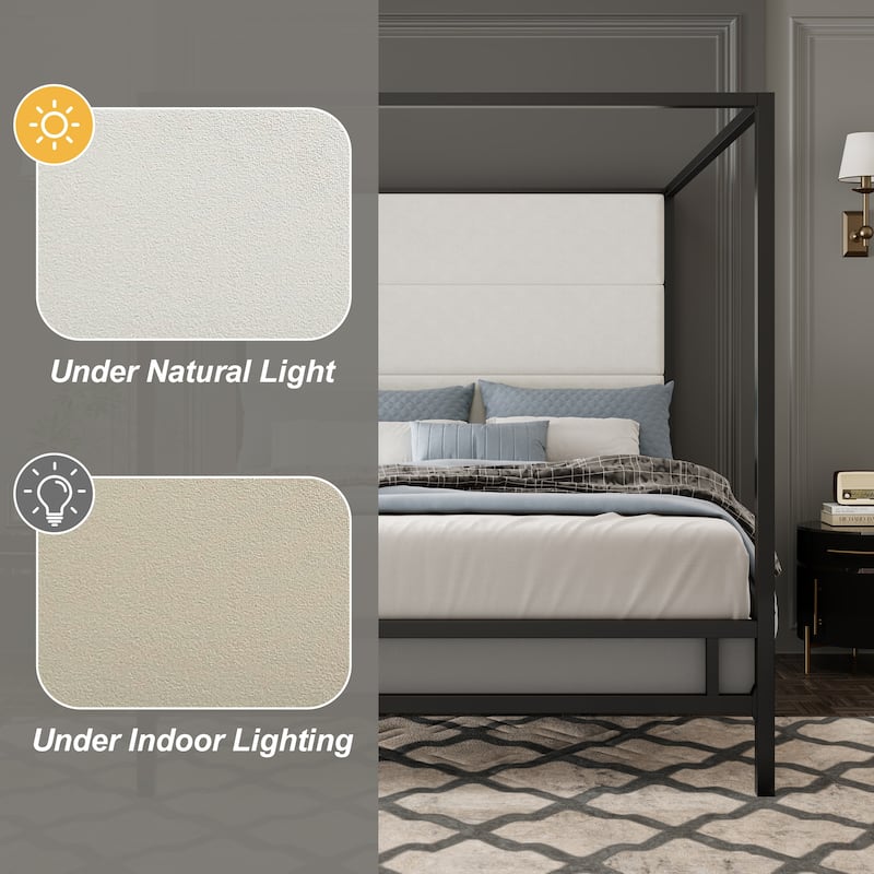 Metal Canopy Bed with Upholstered Wingback Headboard, Modern Platform 4-poster Bed Frame, Box Spring Needed