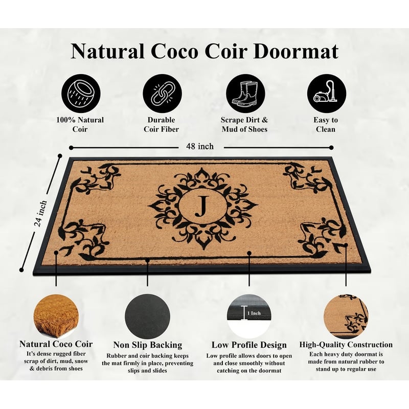 A1HC Floral Natural Coir & Rubber Monogrammed Front Doormat