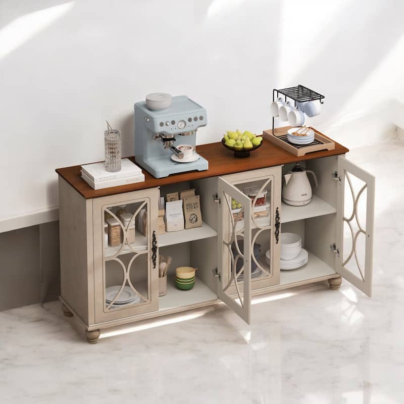 Elegant European Antique 4-Door Cabinet with Tempered Glass, Adjustable Shelves, Solid Wood Legs for Living Room, Dining Room