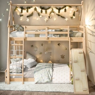 Playful Design Twin over Queen House Bunk Bed with Climbing Nets and Climbing Ramp