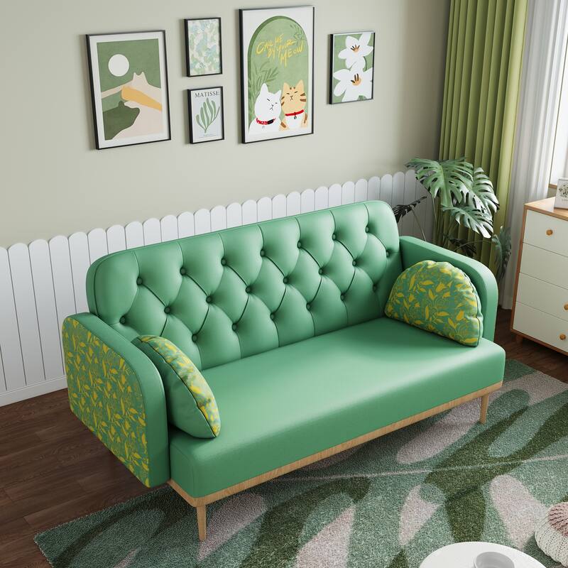 Modern Upholstered Two Seater Green Sofa with Tulip Pattern, Solid Wood Frame