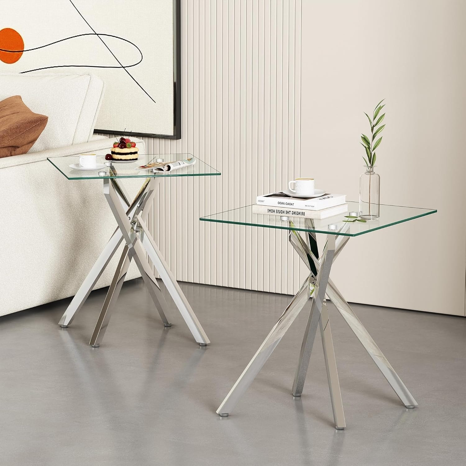 Modern Square Glass Side Table with Metal Legs for Living Room and Bedroom