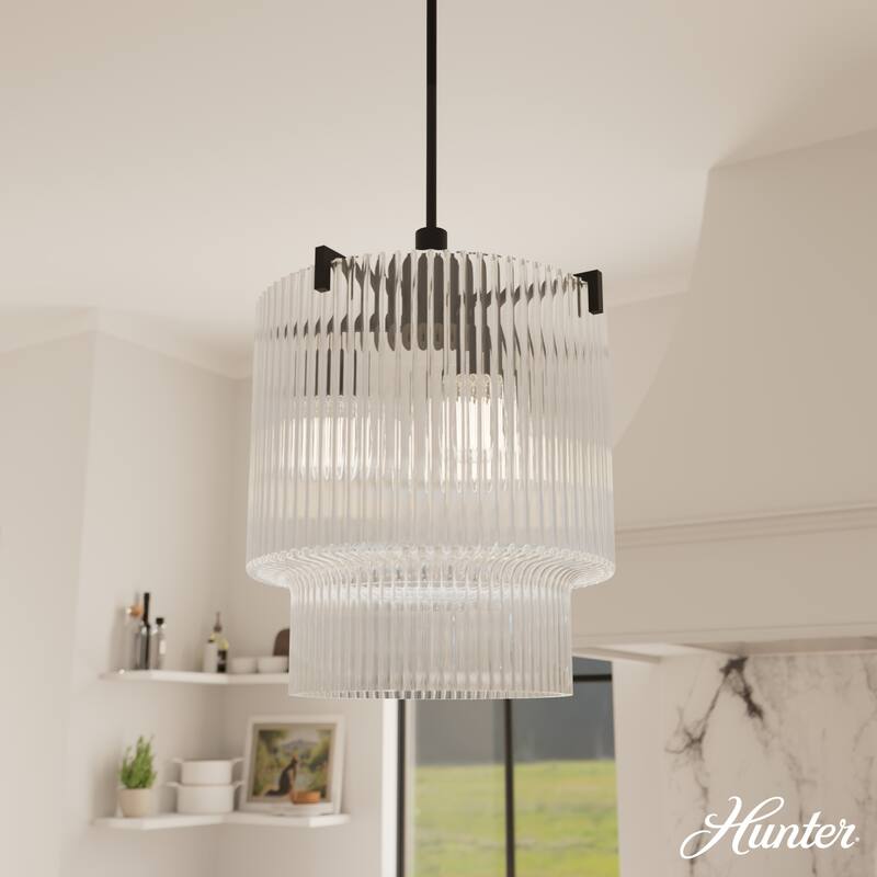 Hunter + Jasmine Roth Ontario Ribbed Glass Pendant Chandelier - Foyer, Dining Room, Kitchen Table or Island - Transitional, Glam - 3-Light - Matte Black