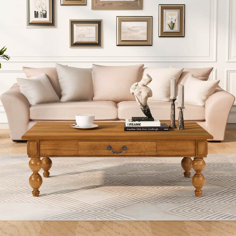 Rectangular Wooden Coffee Table with Storage Drawer, Vintage Cocktail Table with Solid Wood Gourd-Shaped Legs for Living Room - Natural