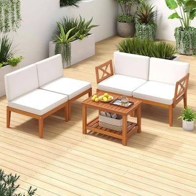 5 PCS Acacia Wood Patio Furniture Set Outdoor Conversation Set