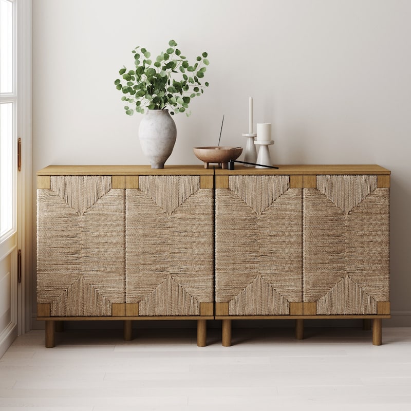 Nathan James Beacon Wood Accent Cabinet with Seagrass Doors and Adjustable Shelf - Brown Set of 2