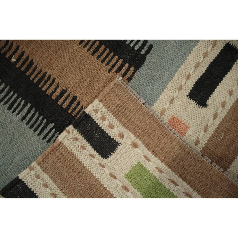 Hand Woven Oriental 100% Wool Carpet Southwestern Modern Navy Blue & Blues Kilim Area Rug - 9' 10'' X 9' 6''