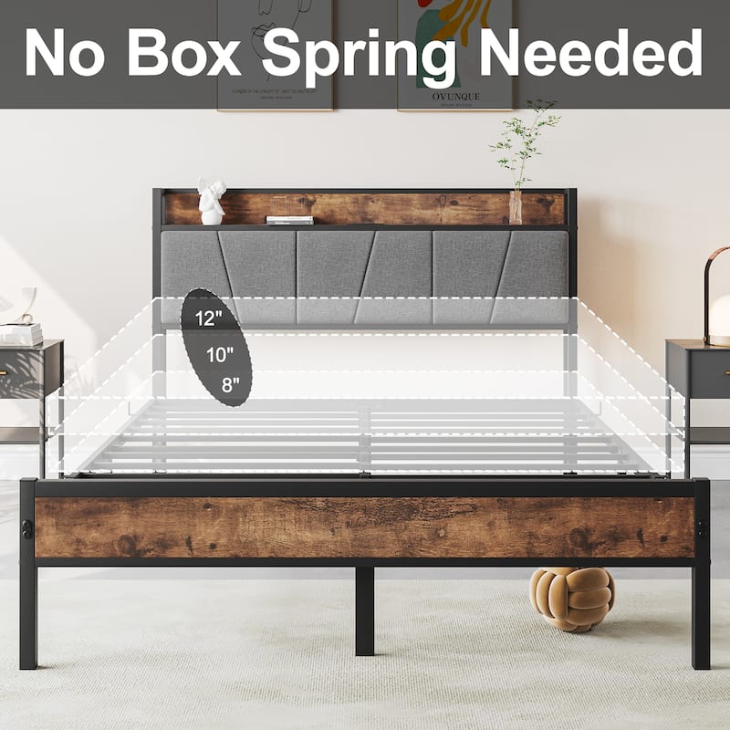 Bed Frames, Storage Headboard with Outlets, No Box Springs Needed
