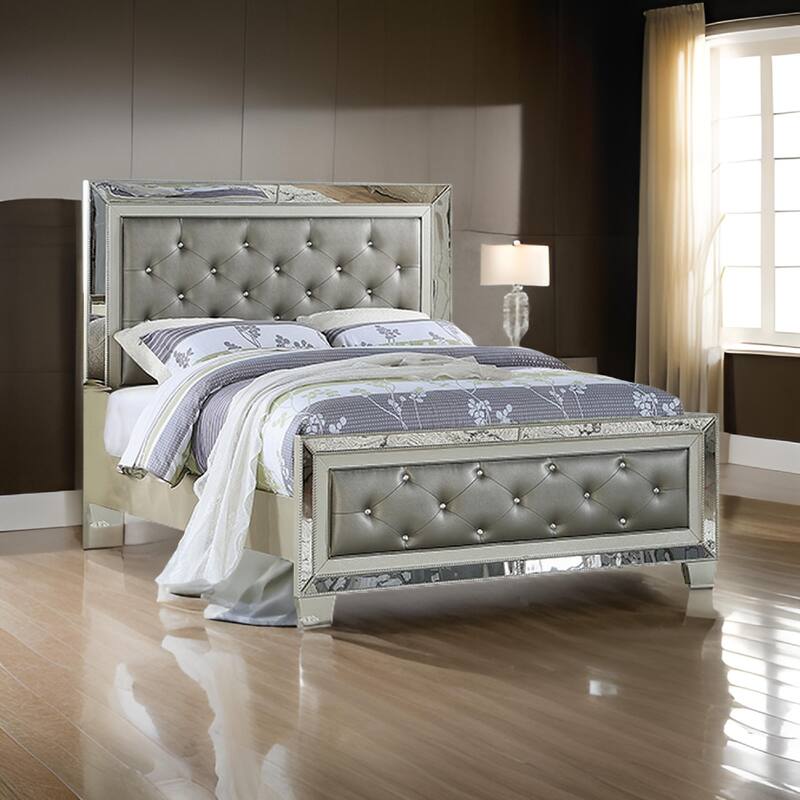 Reva Queen Bed, Mirror Inlaid, Button Tufted Gray Faux Leather Upholstery