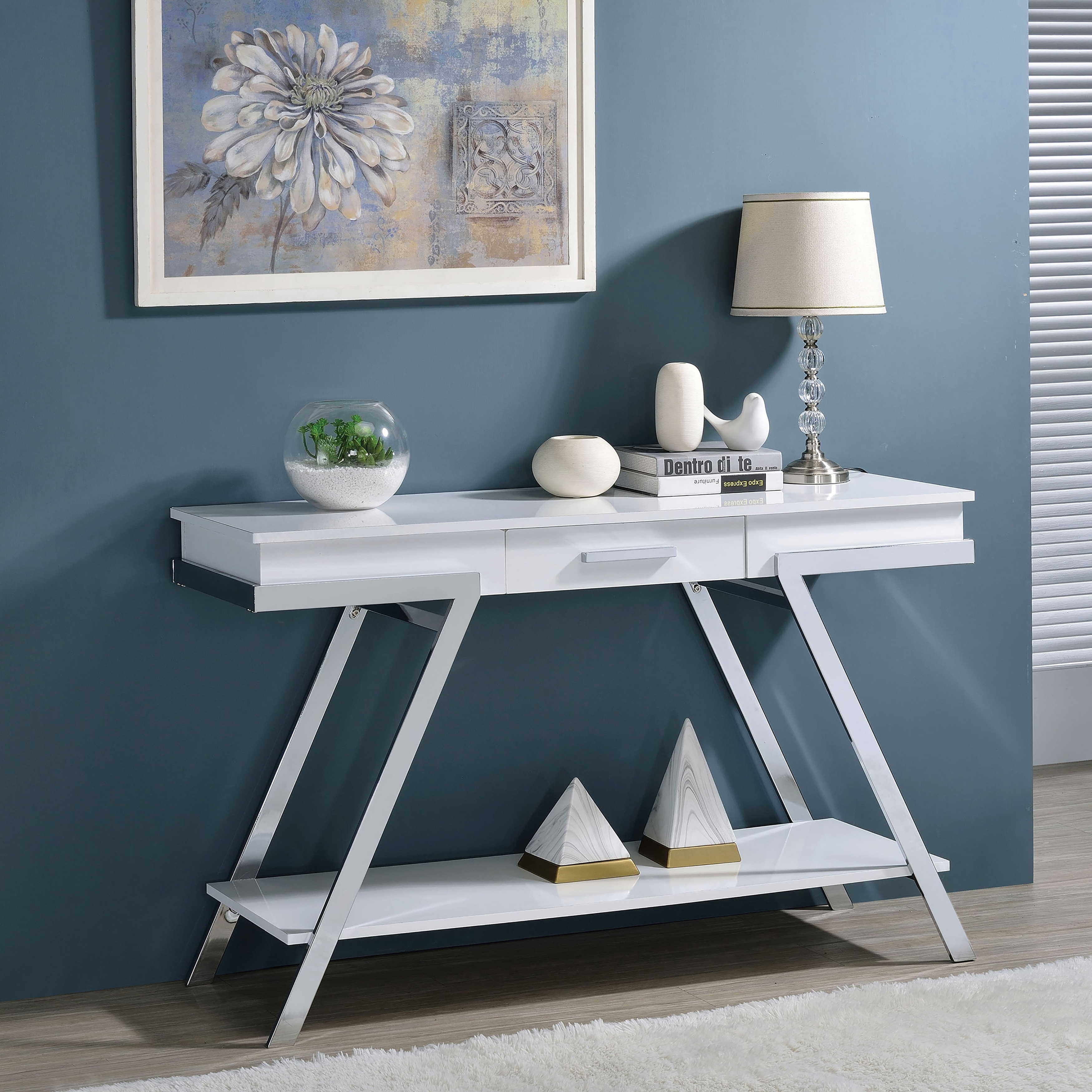 Furniture of America Cas Modern White 48-inch Steel 1-Drawer Sofa Table with Shelf