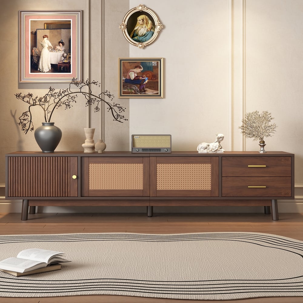 Mid Century Modern TV Stand Entertainment Center for up to 80" TVs, Rattan Sliding Doors TV Cabinet with Drawers for Living Room