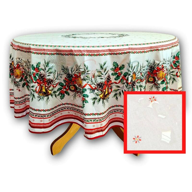 Wipeable Spill Resistant French Acrylic Coated Christmas Tablecloth - White - 71-in Round