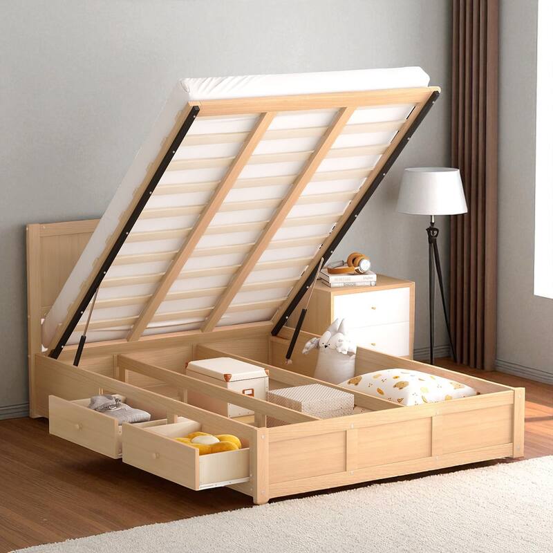 Full/Queen Size Wood Platform Bed with Headboard, 2 Drawers, Extra Storage Space & Sturdy Slats
