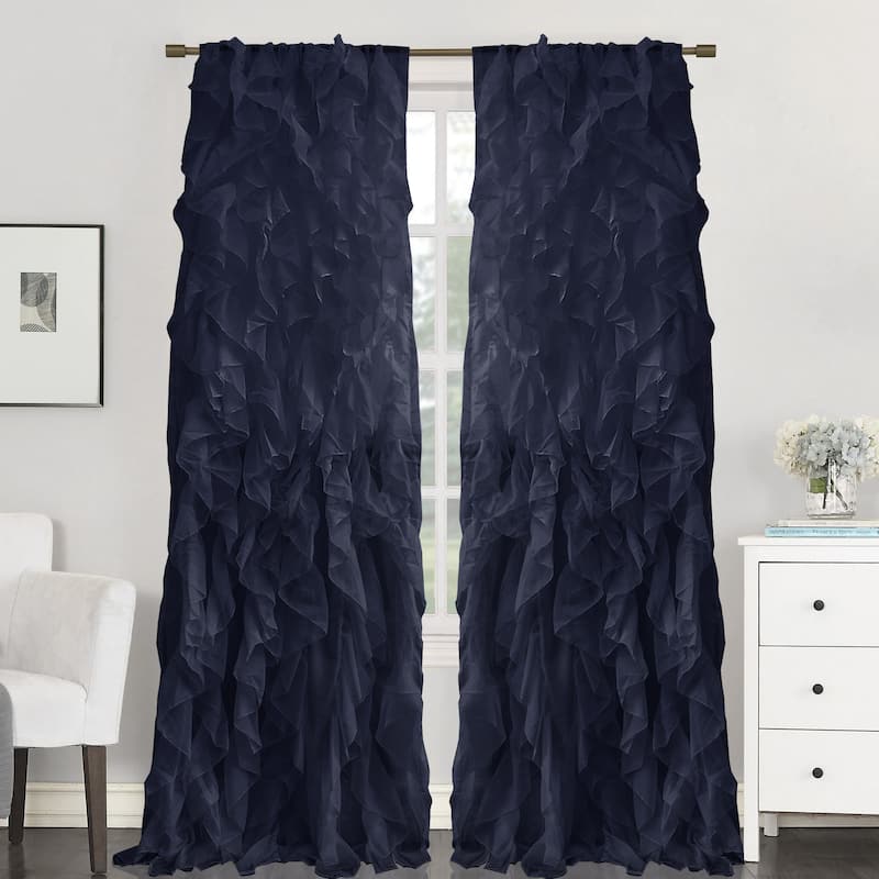 Sweet Home Collection Chic Sheer Voile Vertical Ruffled Tier Window Single Panel Curtain - 96" Long - Navy