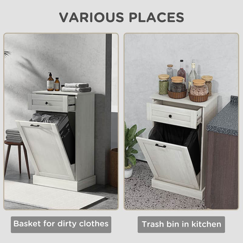 HOMCOM Kitchen Tilt Out Trash Bin Cabinet Free Standing Recycling Cabinet Trash Can Holder With Drawer, Charcoal Gray