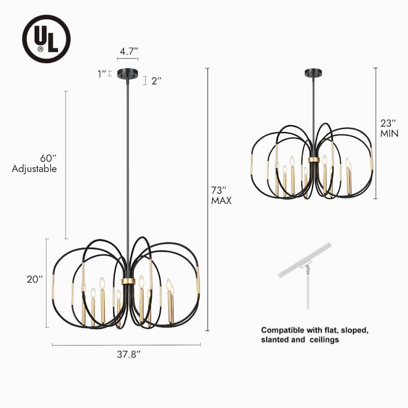 Modern Unique 8-Light Chandelier Black Gold Drum-Shape Pendant for Dining Room - 37.8 " × 20 "