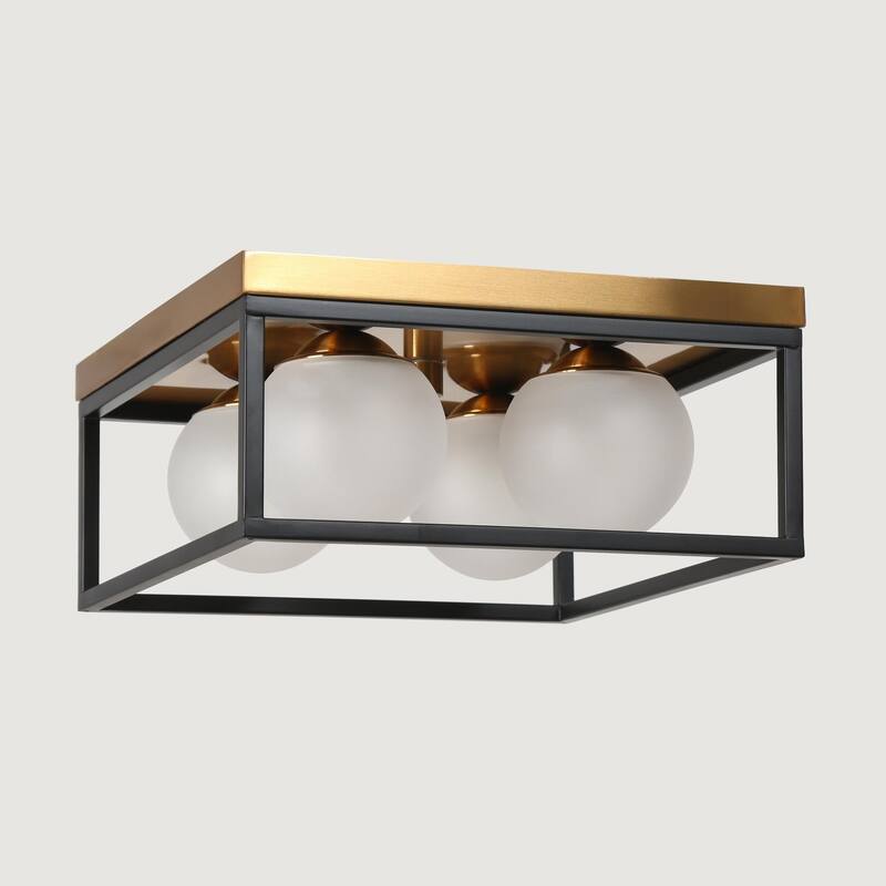 Modern Black Gold 4-Light Semi Flush Mount Ceiling Light with Frosted Globe Glass - D14"xH6.5"