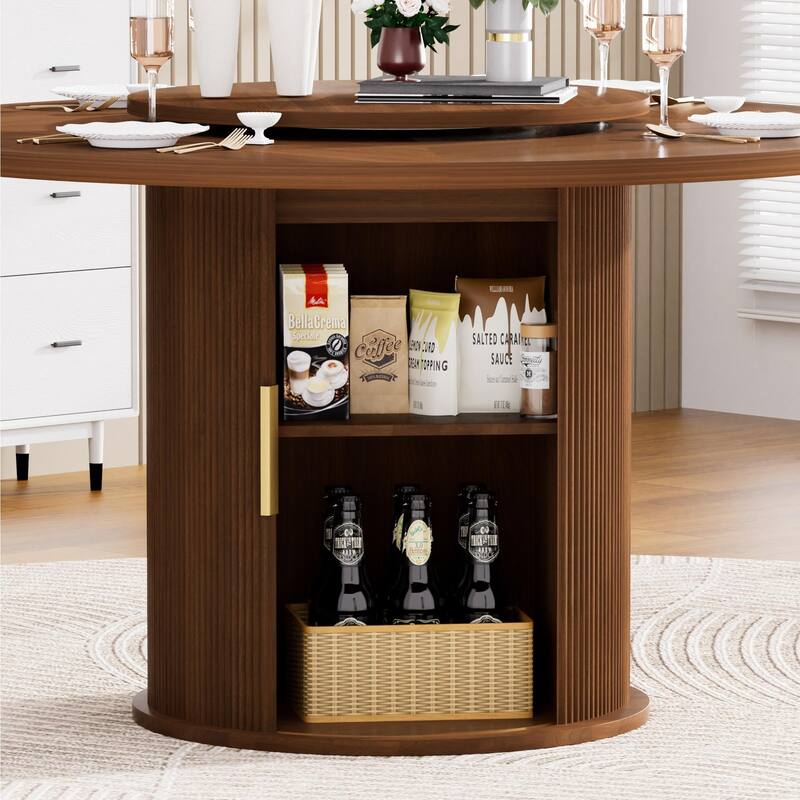 55-inch round dining table for 6, featuring a double-tiered storage rack and a rotating tabletop tray