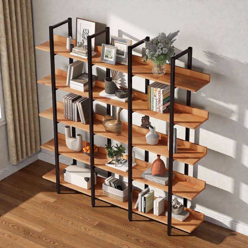 5 Tier Industrial Bookcase, Open Home Office Bookshelf with Metal Frame and MDF Shelves, Vintage Style