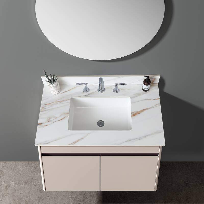 31 Inch Marble Vanity Top,Bathroom Vanity Top with Undermount Rectangular Middle Sink and 4 Inch Height Backsplash - White Marble4