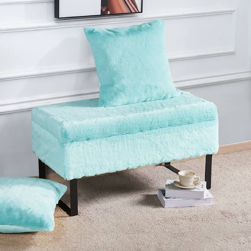 Heavy FauxFur Storage Ottoman with 2 Pillow Set