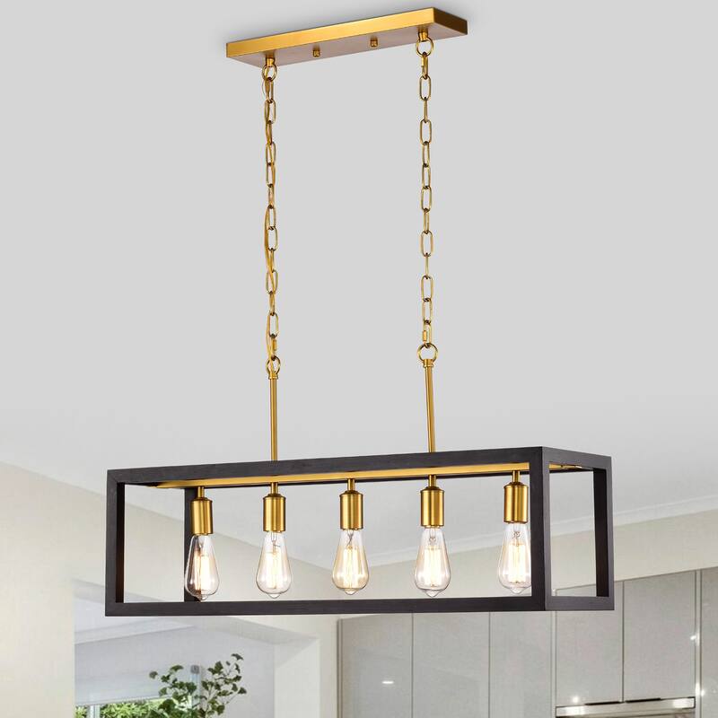 Nimra Matte Black+ Matte Gold 5-Light Open Metal Cage Linear Chandelier