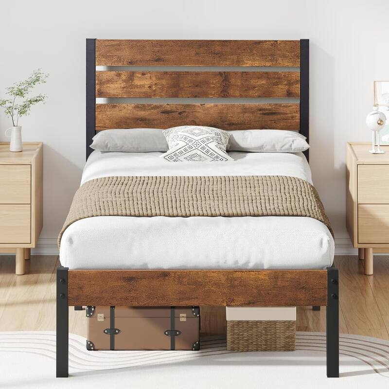 3-Pieces Bed Frame with Wood Headboard and Modern Nightstands Set of 2