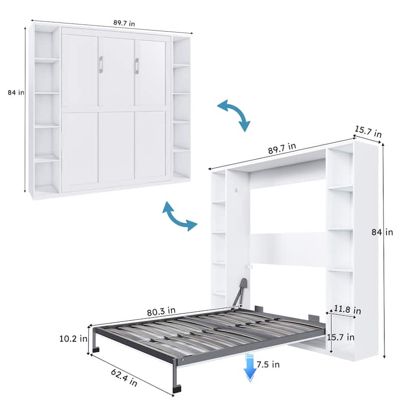 Queen Murphy Bed/Farmhouse Wood Hidden Foldable Wall Bed Frame w/Gas Struts/Solid Wood Support Slats/No Box Spring Needed/White