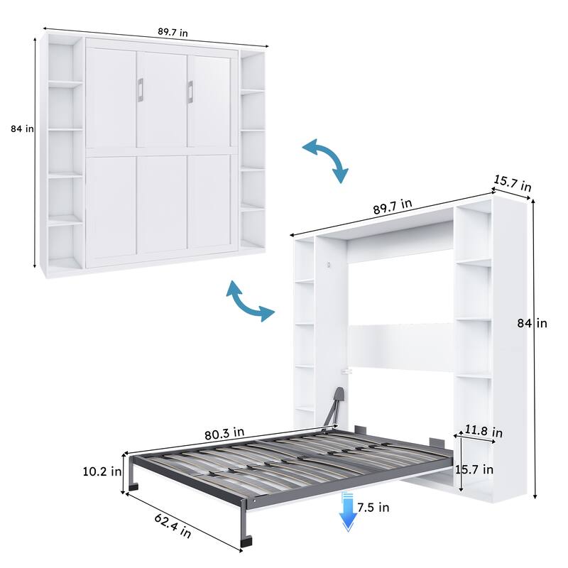 Queen Size Murphy Bed Foldable Wall Bed Frame Cube Cabinet Bed, Solid Wood Support Strips Platform Bed, Save-Space Hidden Bed