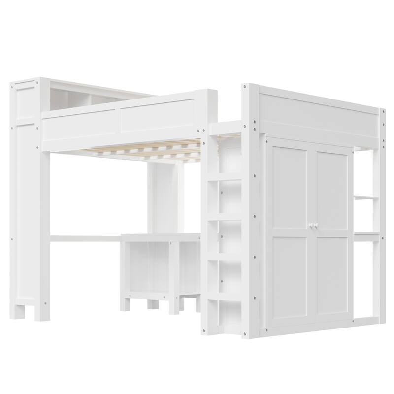 Roomfitters Queen Loft Bed with Wardrobe, Desk, Storage Headboard and USB