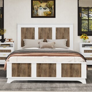Farmhouse Queen Size Wooden Platform Bed with Wooden Strip Decoration