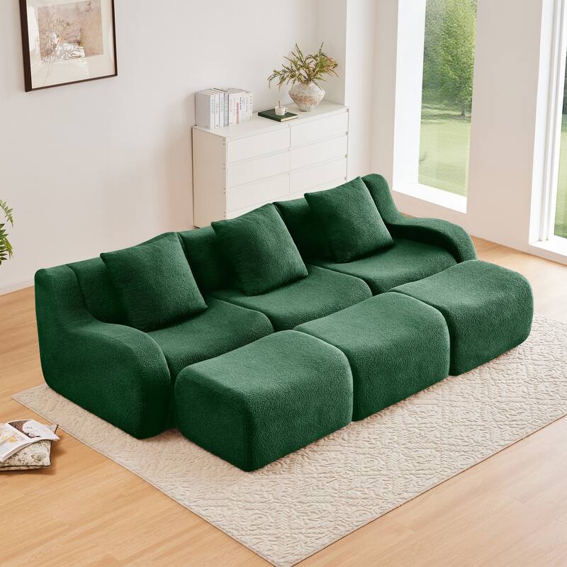 Anmytek Modern Plush 3-Seat Chaise Sofa - High-Quality Teddy Fabric, 32D High Density Sponge, No Assembly