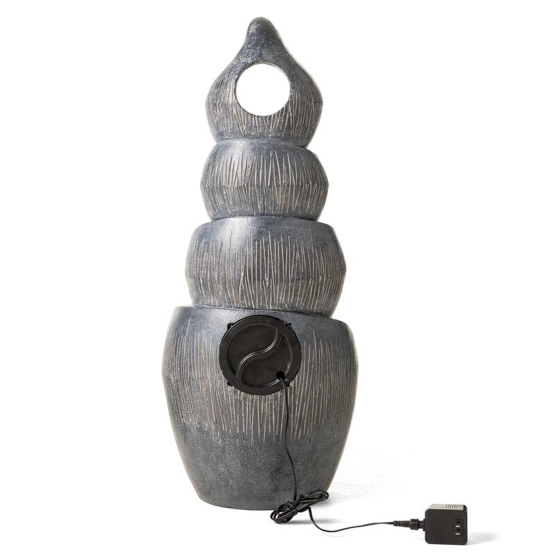Glitzhome 34"H 4-Tiered Pre-lit Zen-Style Alms Bowl Polyresin Indoor Outdoor Floor Fountain
