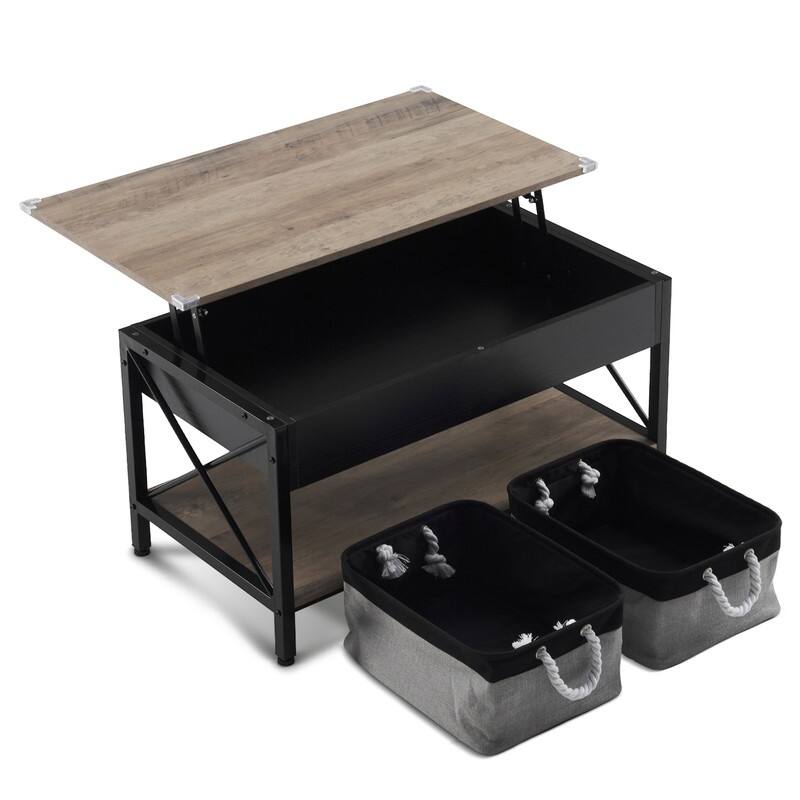 VINGLI Adjustable with Crossbar, Black Side X-shaped Metal Frame, Rectangular, Gray Washboard Coffee Table