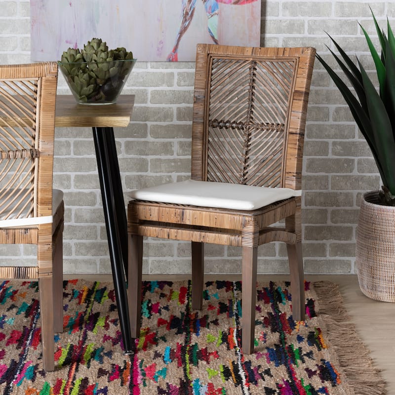 Laluna Modern Bohemian Rattan/ Mahogany Wood Dining Chair with Cushion