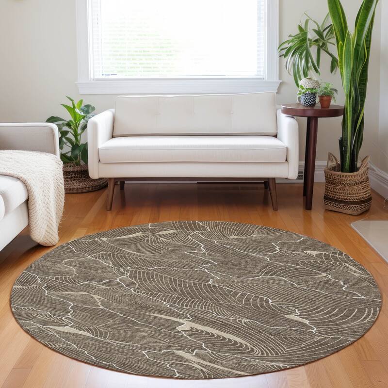 Machine Washable Indoor/ Outdoor Abstract Crackle Chantille Rug - Brown - 8' x 8'